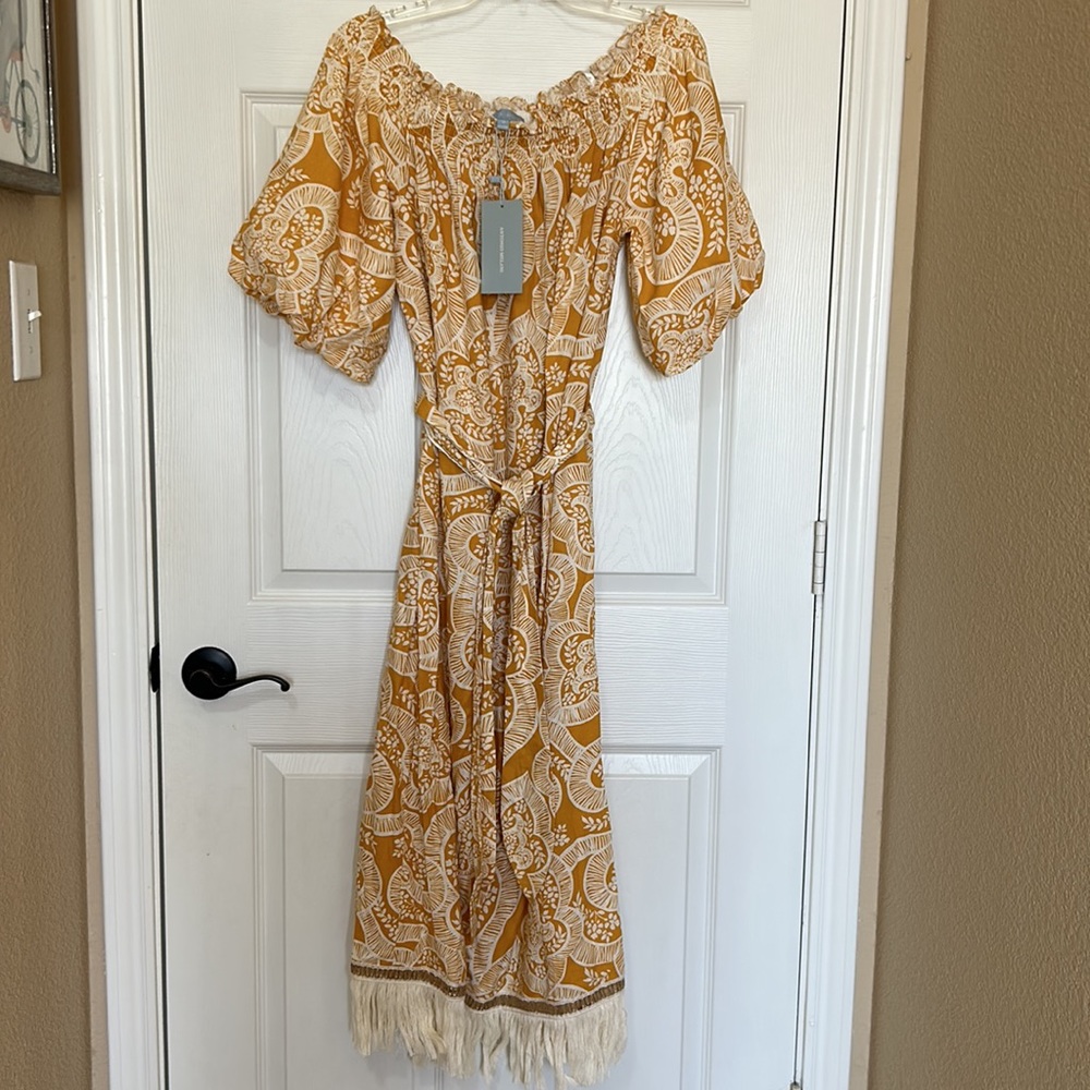 Off-Shoulder Yellow Paisley Midi Dress with Fringe - Picture 6 of 13